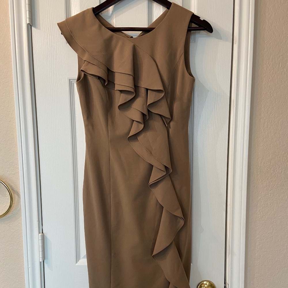 CALVIN KLEIN Hazelnut Brown Asymmetrical Ruffled Career Sleeveless Dress